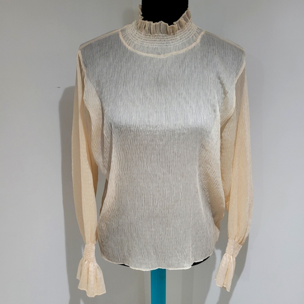 Oak And Fort Women's High Neck Long Sleeve Sheer Blouse Small Cream Romantic